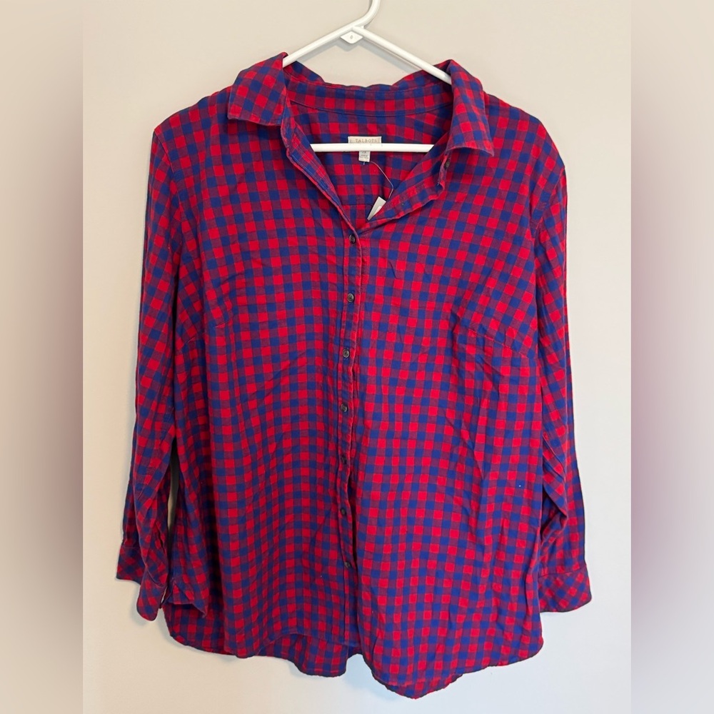 Talbots NWT Womens 2XL Button Long Sleeve Shirt Roll Tab Sleeves Blue Red Check